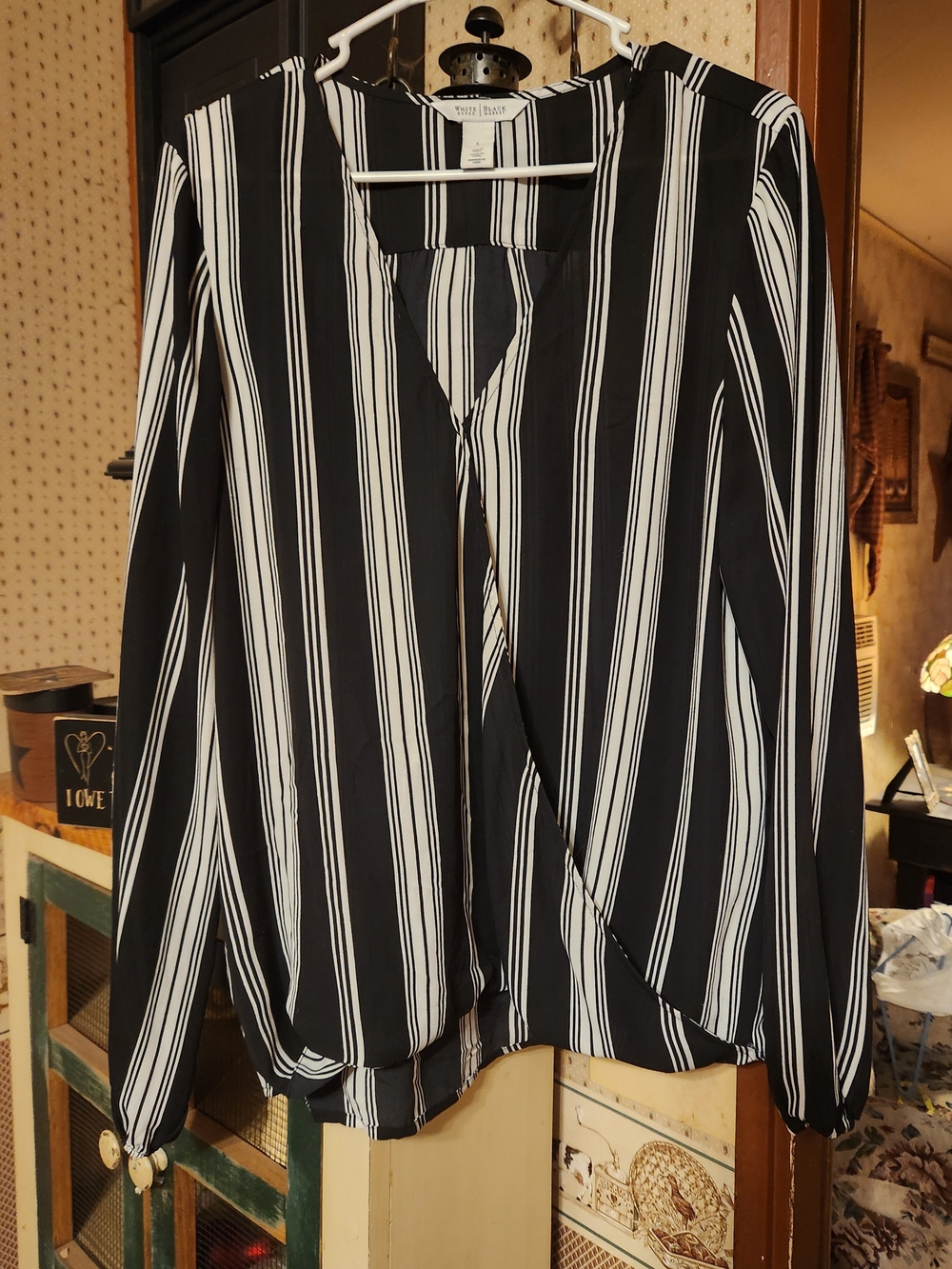 White House Black Market Black and White Vertical Stripe Surplice Blouse
